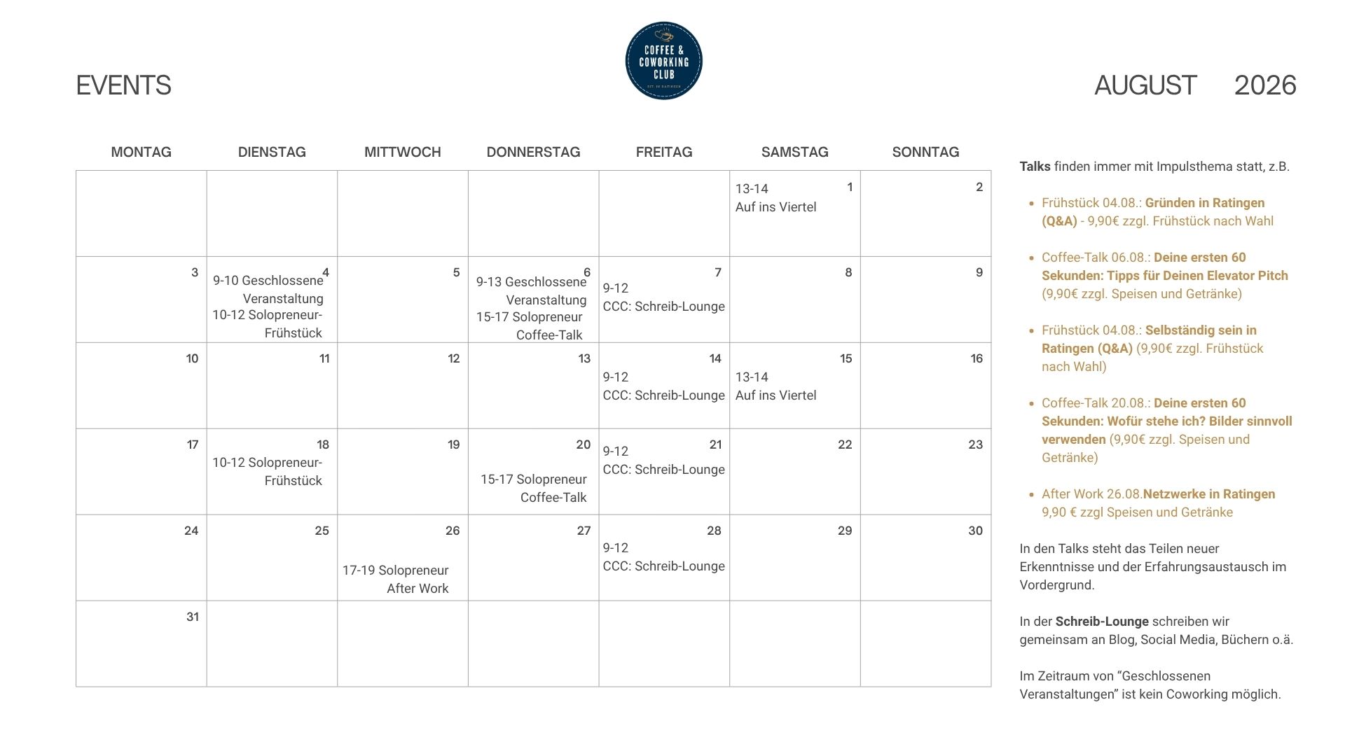 Events August 2026 im Coffee & Coworking Club I Obertor 6 I 40878 Ratingen I Solopreneur-Frühstück, , Solopreneur After-Work, Schreib-Lounge I Birgit Kieslich