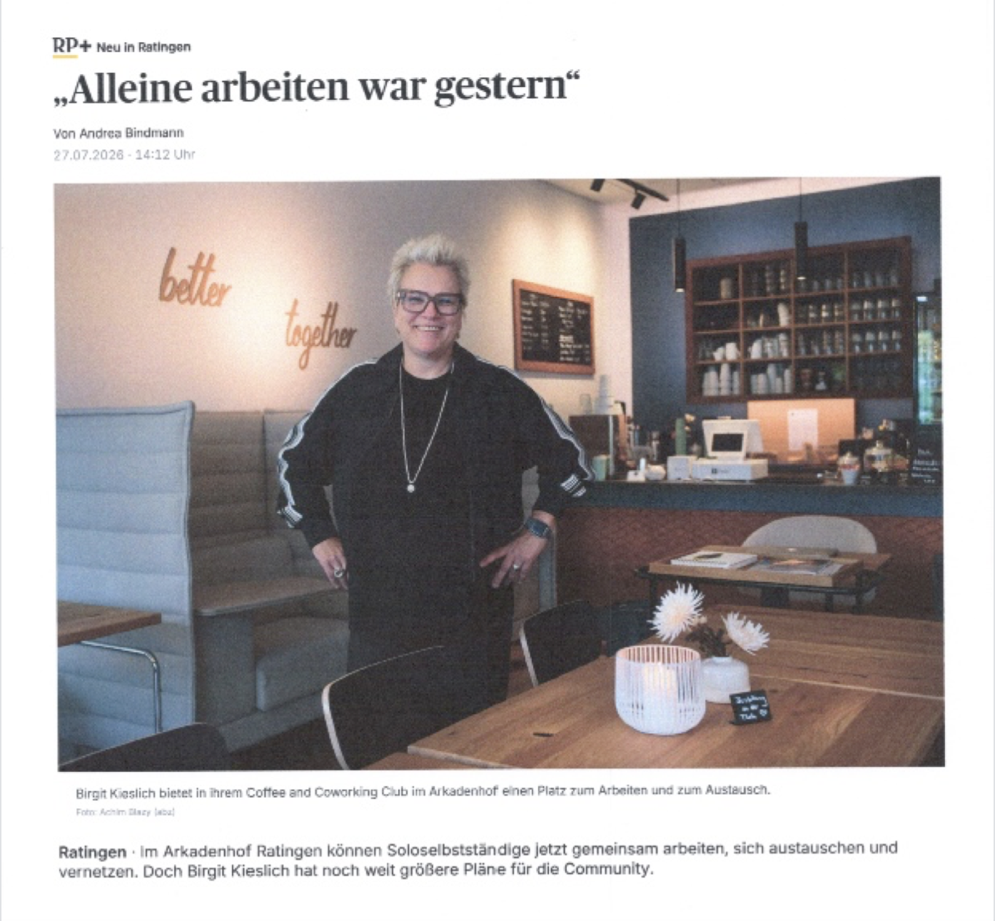 Artikel "Alleine Arbeiten war gestern" über den Coffee & Coworking Club in der Rheinischen Post vom 27.07.2026