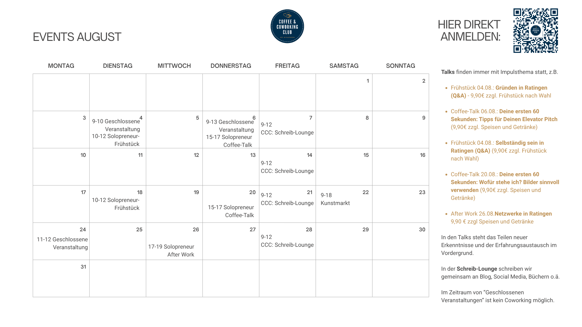 CCC-Events-August-2026 Events August 2026 im Coffee & Coworking Club I Obertor 6 I 40878 Ratingen I Solopreneur-Frühstück, , Solopreneur After-Work, Schreib-Lounge I Birgit Kieslich