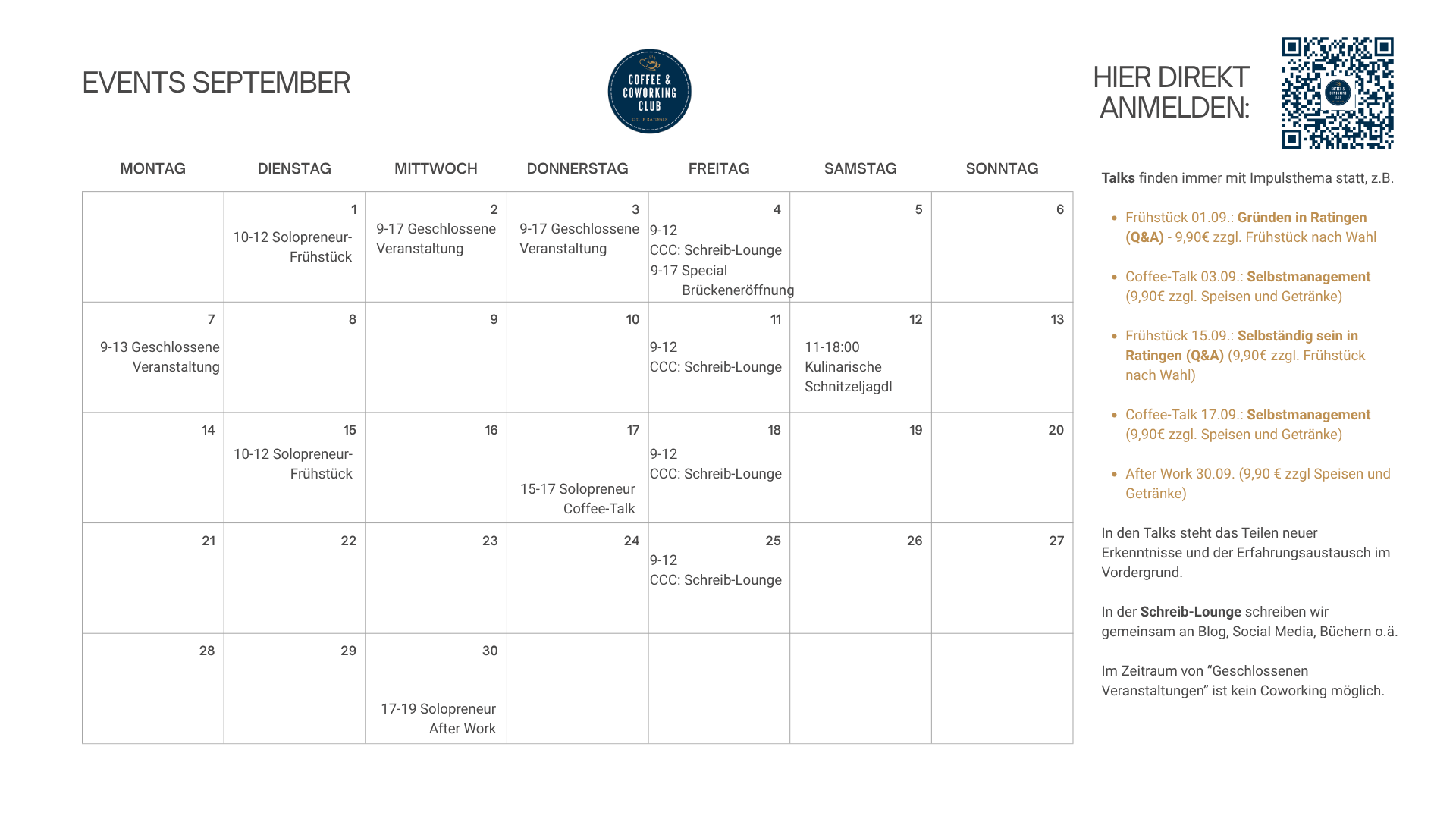 CCC-Events-September-2026-2 Events September 2026 im Coffee & Coworking Club I Obertor 6 I 40878 Ratingen I Solopreneur-Frühstück, , Solopreneur After-Work, Schreib-Lounge I Birgit Kieslich